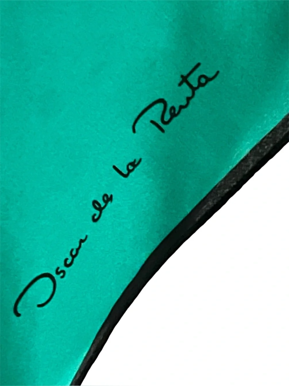 Oscar de la Renta Vintage Silk Teal Scarf with Black Trim and Signature